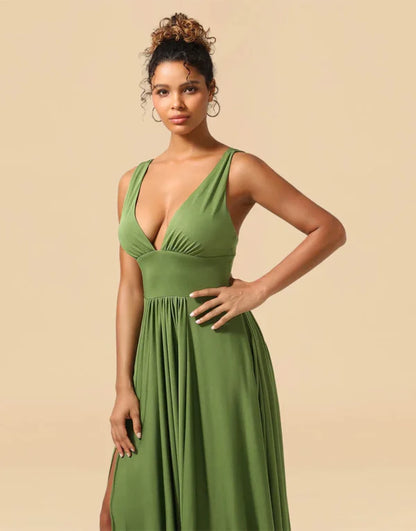 A-Line Deep V-neck Floor Length Spandex with Split Bridesmaid Dress