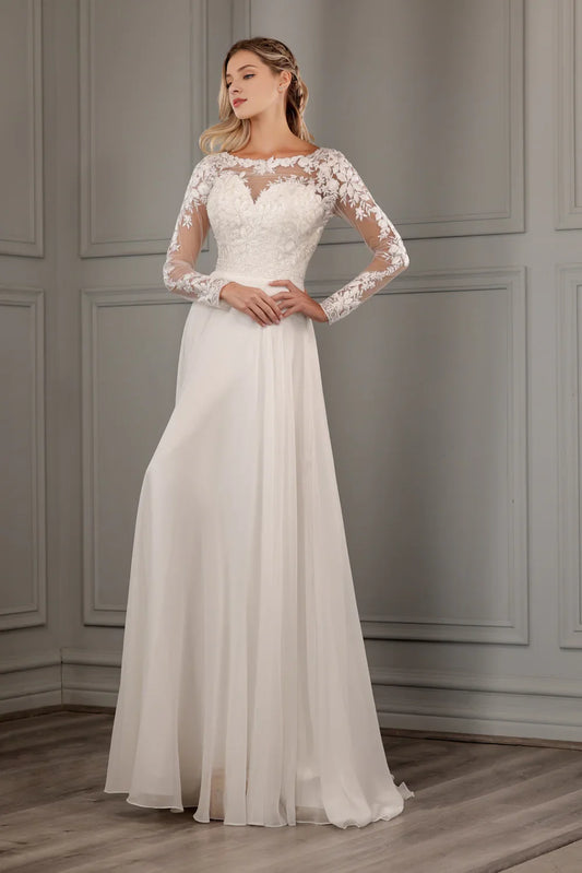 Embroidered applique long sleeved chiffon wedding dress