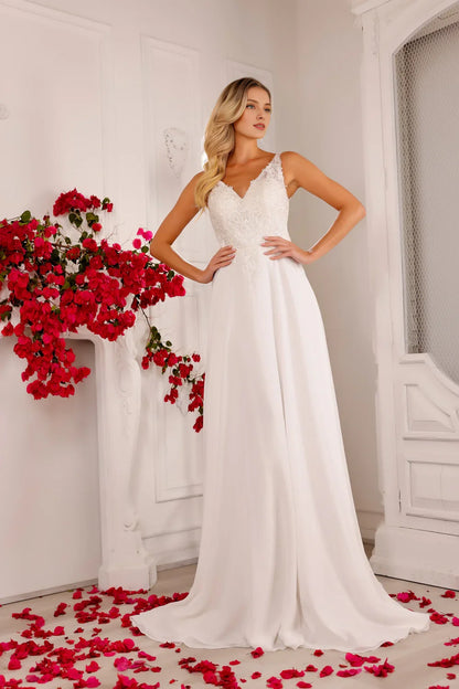 Embroidered applique long sleeveless chiffon wedding dress