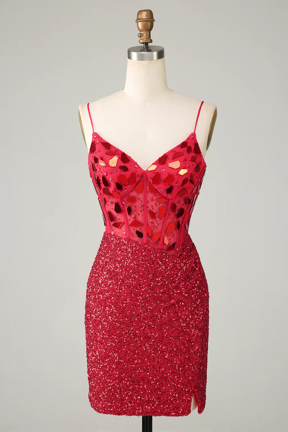 Red Tight Corset Sequin Mirror Homecoming Dress with Slit