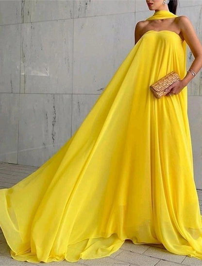 A-Line Wedding Guest Dress Fairy Dress Tie Floor Length Sleeveless Strapless Stretch Chiffon with Pleats Shawl