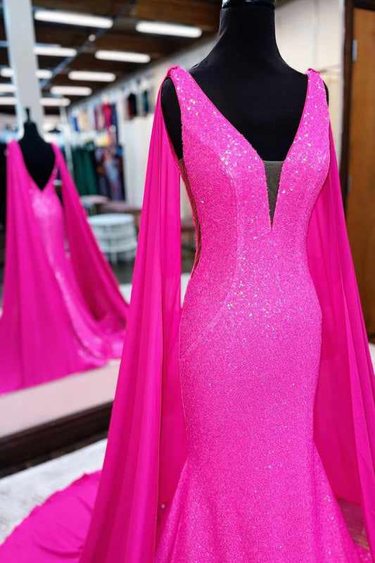 Hot Pink Mermaid Sparkly Sequins Prom Dresses