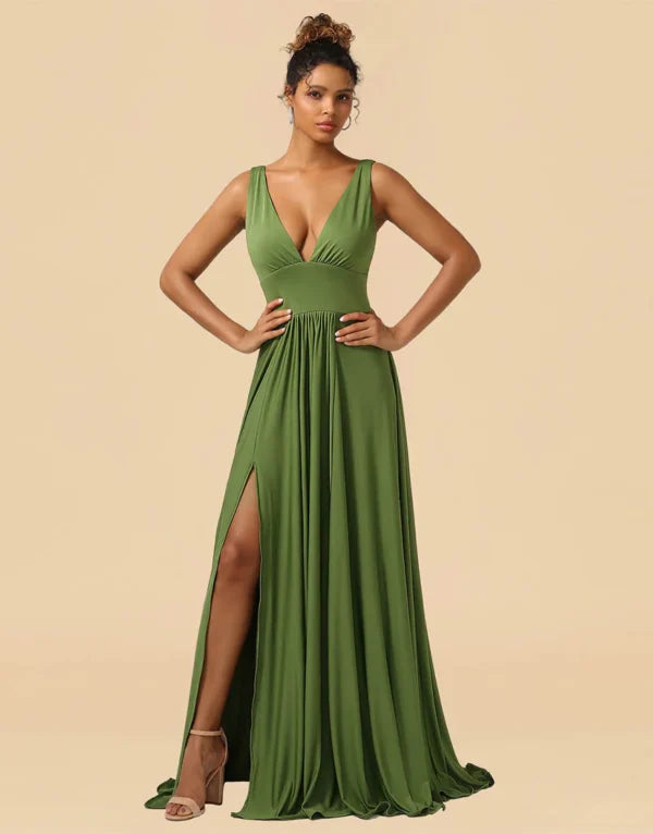 A-Line Deep V-neck Floor Length Spandex with Split Bridesmaid Dress