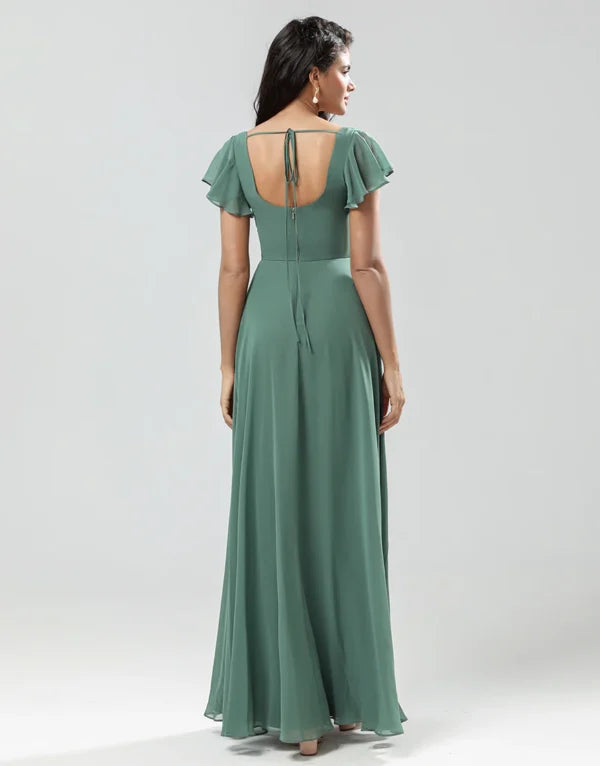 A-Line Green Long with Ruffles Bridesmaid Dress