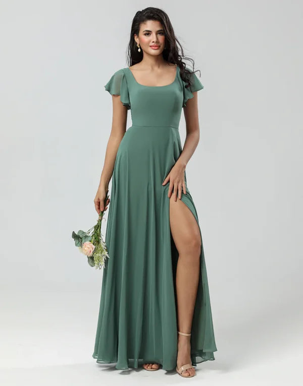 A-Line Green Long with Ruffles Bridesmaid Dress