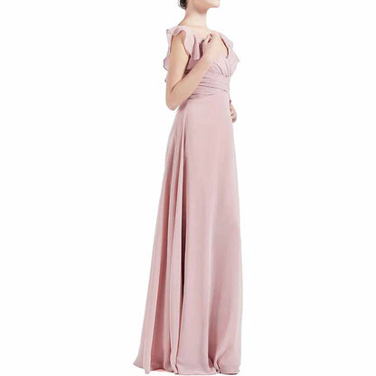 V Neck Ruffle Cap Sleeve Long Bridesmaid Dresses