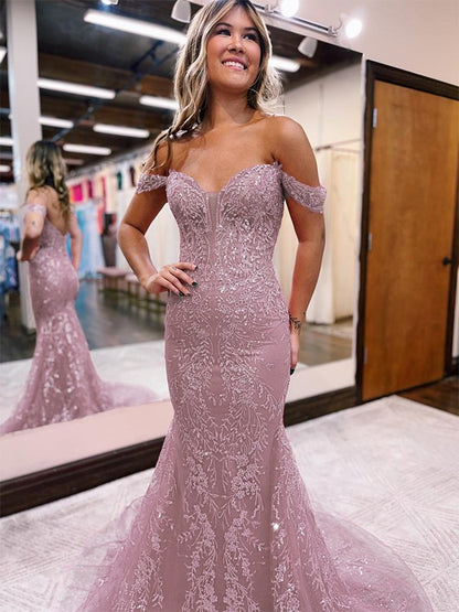 Sheath/Column Lace Applique Off-the-Shoulder Sleeveless Court Train Dresses