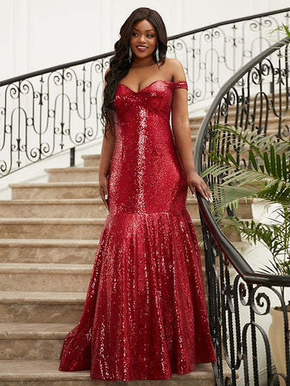 Trumpet/Mermaid Sequins Ruffles Off-the-Shoulder Sleeveless Floor-Length Dresses