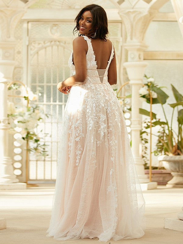 A-Line/Princess Tulle Applique V-neck Sleeveless Floor-Length Dresses