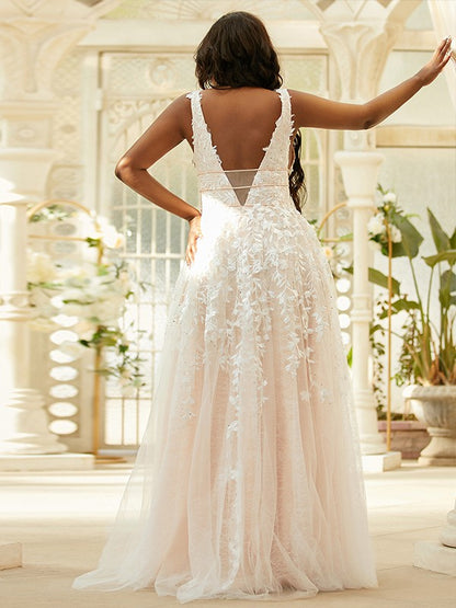 A-Line/Princess Tulle Applique V-neck Sleeveless Floor-Length Dresses