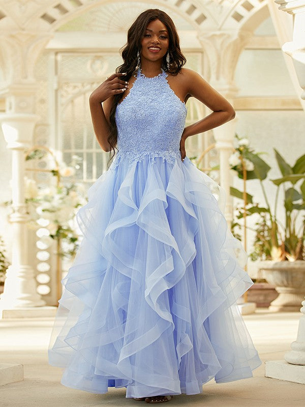 A-Line/Princess Tulle Applique Halter Sleeveless Floor-Length Dresses