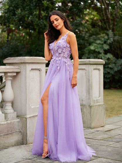 A-Line/Princess Tulle Applique V-neck Sleeveless Floor-Length Dresses