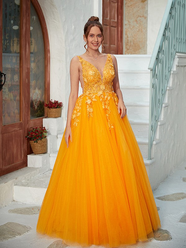 A-Line/Princess Tulle Applique V-neck Sleeveless Floor-Length Dresses