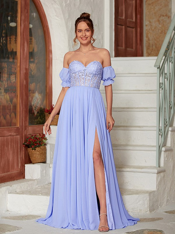 A-Line/Princess Chiffon Lace Sweetheart Short Sleeves Floor-Length Dresses