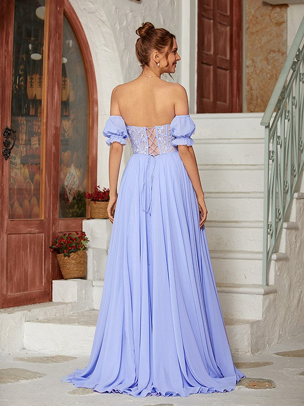 A-Line/Princess Chiffon Lace Sweetheart Short Sleeves Floor-Length Dresses