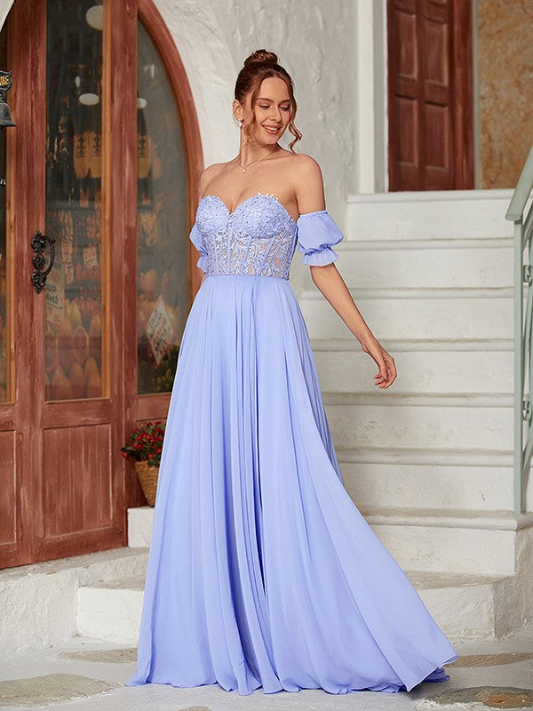 A-Line/Princess Chiffon Lace Sweetheart Short Sleeves Floor-Length Dresses