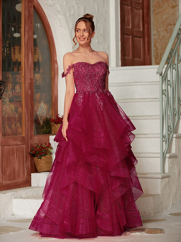 A-Line/Princess Applique Off-the-Shoulder Sleeveless Floor-Length Dresses