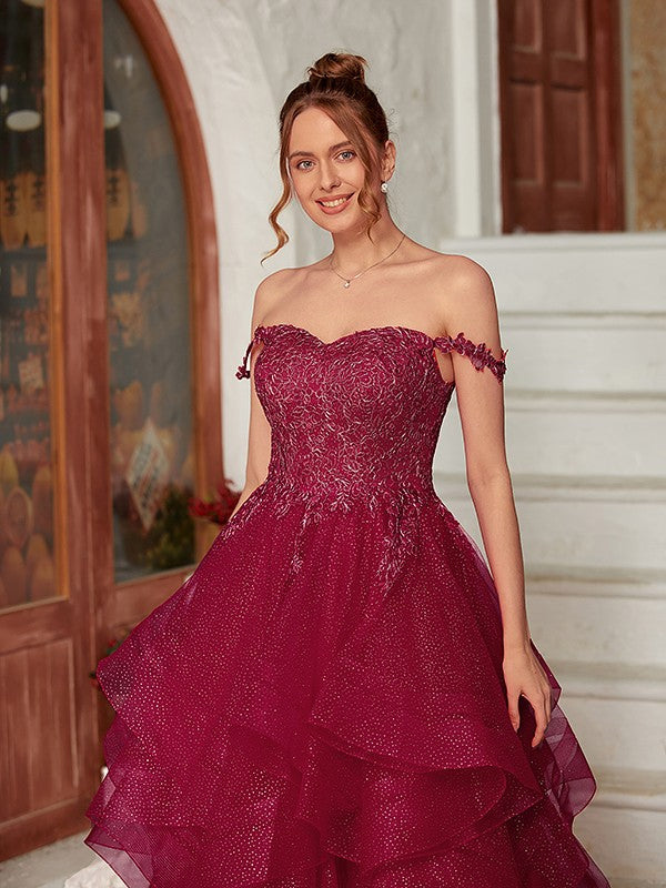 A-Line/Princess Applique Off-the-Shoulder Sleeveless Floor-Length Dresses