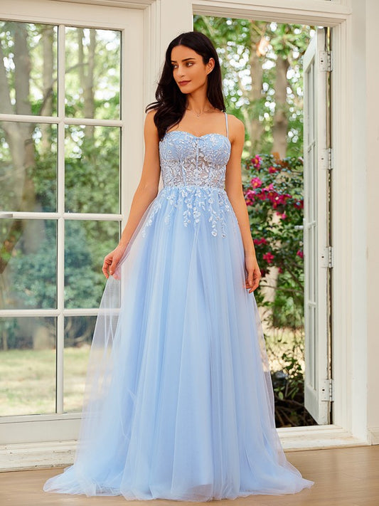 A-Line/Princess Tulle Lace Spaghetti Straps Sleeveless Sweep/Brush Train Dresses