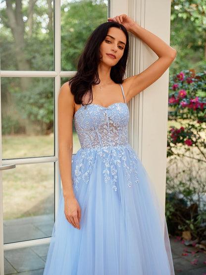 A-Line/Princess Tulle Lace Spaghetti Straps Sleeveless Sweep/Brush Train Dresses