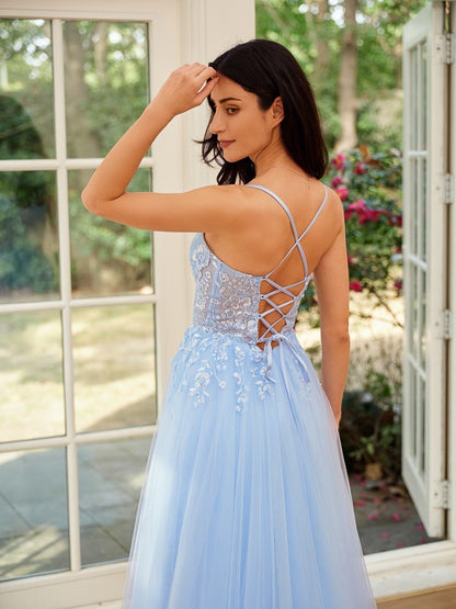 A-Line/Princess Tulle Lace Spaghetti Straps Sleeveless Sweep/Brush Train Dresses