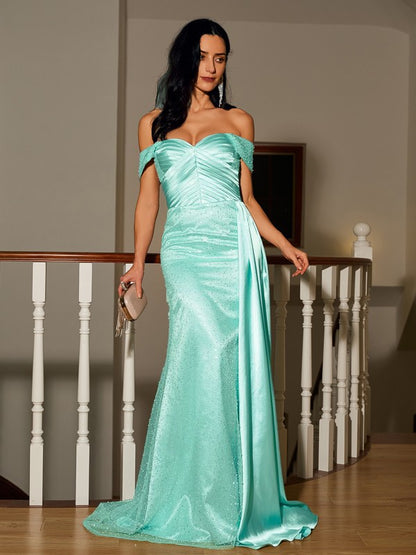 Sheath/Column Elastic Woven Satin Ruched Off-the-Shoulder Sleeveless Sweep/Brush Train Dresses