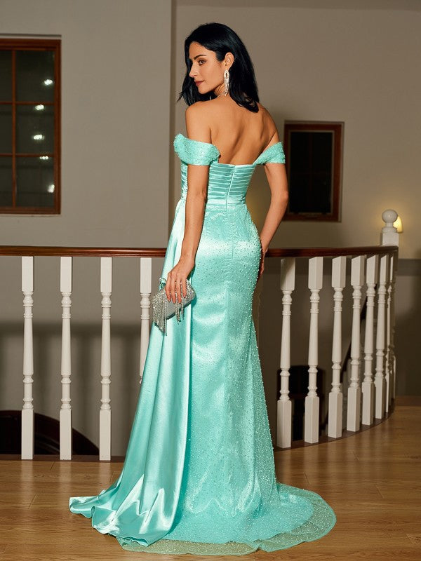 Sheath/Column Elastic Woven Satin Ruched Off-the-Shoulder Sleeveless Sweep/Brush Train Dresses