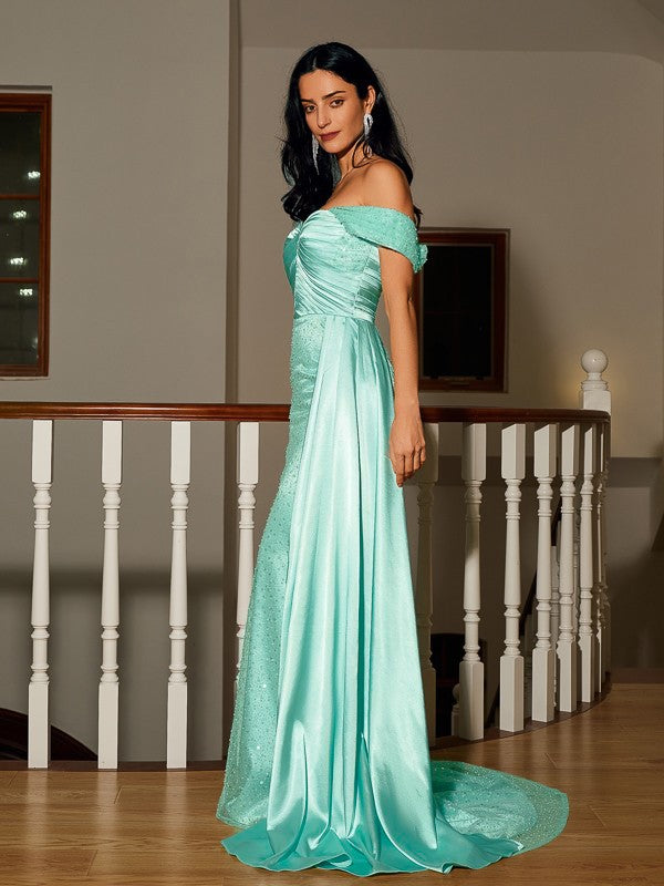 Sheath/Column Elastic Woven Satin Ruched Off-the-Shoulder Sleeveless Sweep/Brush Train Dresses