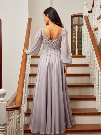 A-Line/Princess 30D Chiffon Applique V-neck Long Sleeves Floor-Length Dresses