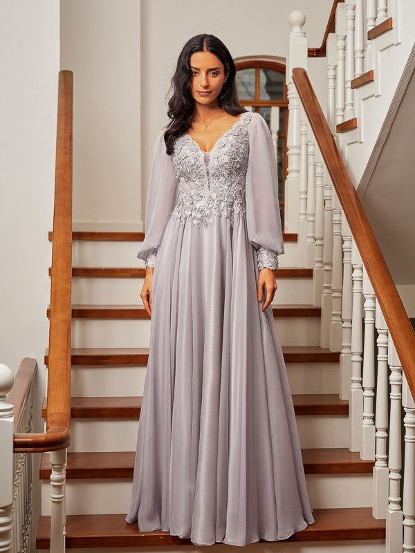 A-Line/Princess 30D Chiffon Applique V-neck Long Sleeves Floor-Length Dresses