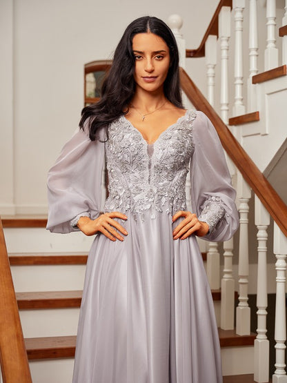 A-Line/Princess 30D Chiffon Applique V-neck Long Sleeves Floor-Length Dresses