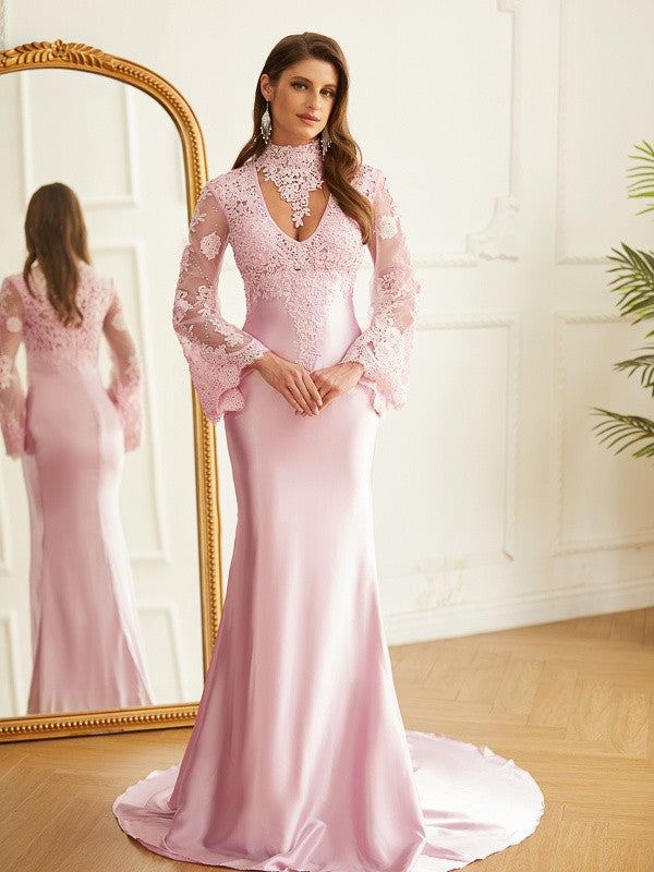 Sheath/Column Silk like Satin Lace High Neck Long Sleeves Sweep/Brush Train Dresses