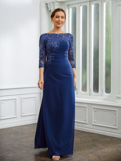 Sheath/Column Chiffon Applique Bateau 3/4 Sleeves Floor-Length Mother of the Bride Dresses