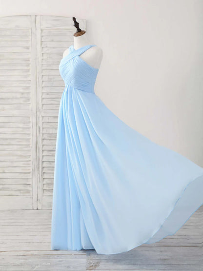 Simple V Neck Chiffon Sky Blue Floor-length Prom Dress Blue Bridesmaid Dress