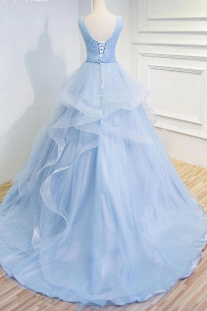 Sweetheart Blue Organza Ballgown V Neck Ruffles Appliques Prom Dresses