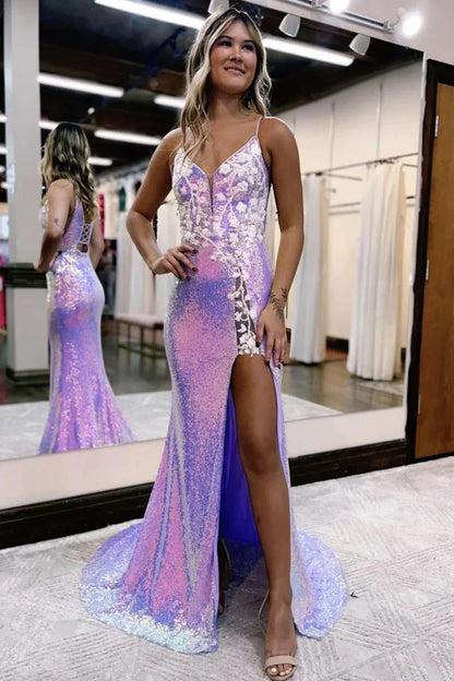 Charming Mermaid V Neck Lavender Sequins Long Prom Dresses with Appliques