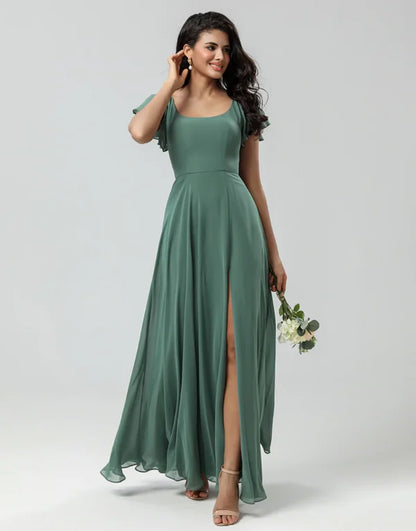 A-Line Green Long with Ruffles Bridesmaid Dress