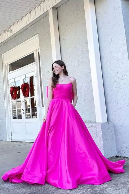 Fuchsia Scoop Neck Satin Bow Back Long Prom Dresses