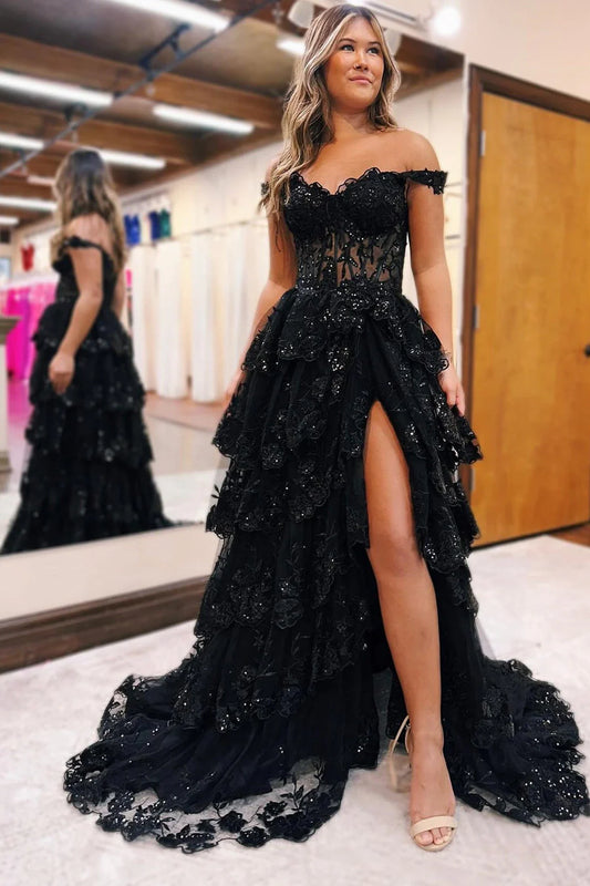 Black Tulle Appliques Off-the-Shoulder Ruffle Long Prom Dress