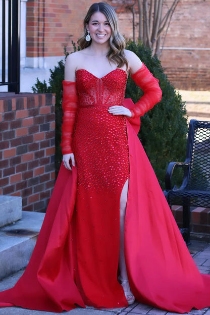 Mermaid Strapless Red Beaded Long Prom Dresses with Bow