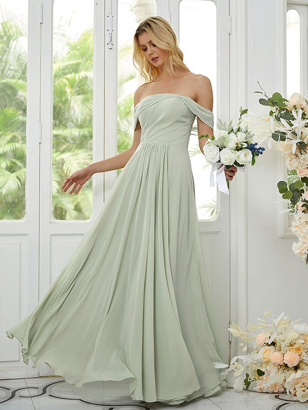 A-Line/Princess Chiffon Ruched Off-the-Shoulder Sleeveless Floor-Length Bridesmaid Dresses