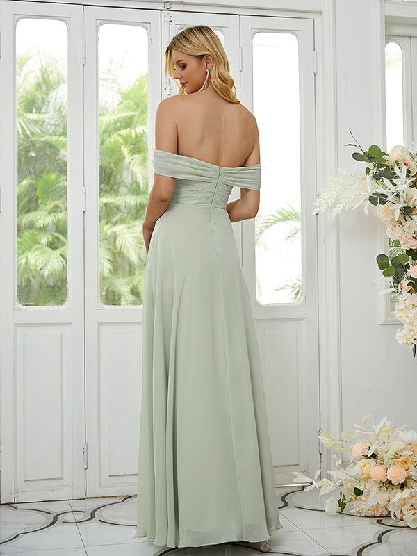 A-Line/Princess Chiffon Ruched Off-the-Shoulder Sleeveless Floor-Length Bridesmaid Dresses