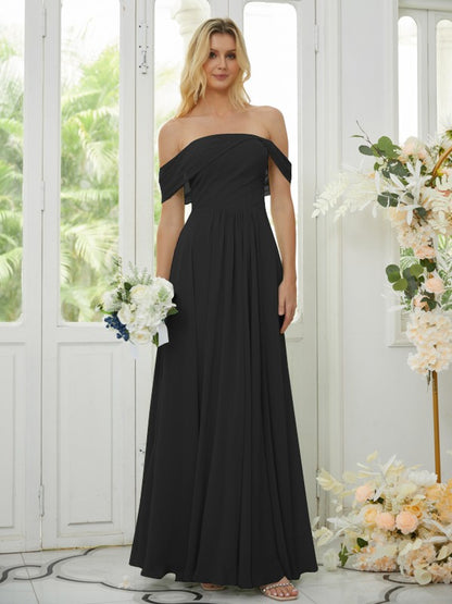 A-Line/Princess Chiffon Ruched Off-the-Shoulder Sleeveless Floor-Length Bridesmaid Dresses