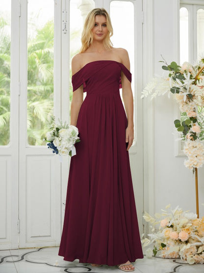 A-Line/Princess Chiffon Ruched Off-the-Shoulder Sleeveless Floor-Length Bridesmaid Dresses