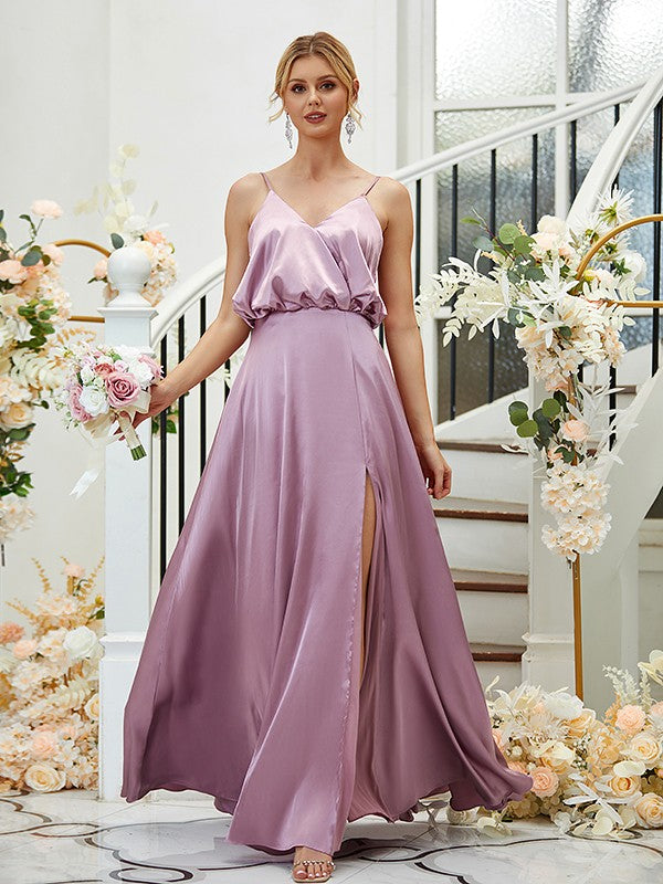 A-Line/Princess Silk like Satin Ruched V-neck Sleeveless Floor-Length Bridesmaid Dresses