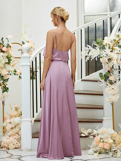 A-Line/Princess Silk like Satin Ruched V-neck Sleeveless Floor-Length Bridesmaid Dresses