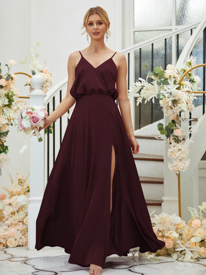 A-Line/Princess Silk like Satin Ruched V-neck Sleeveless Floor-Length Bridesmaid Dresses