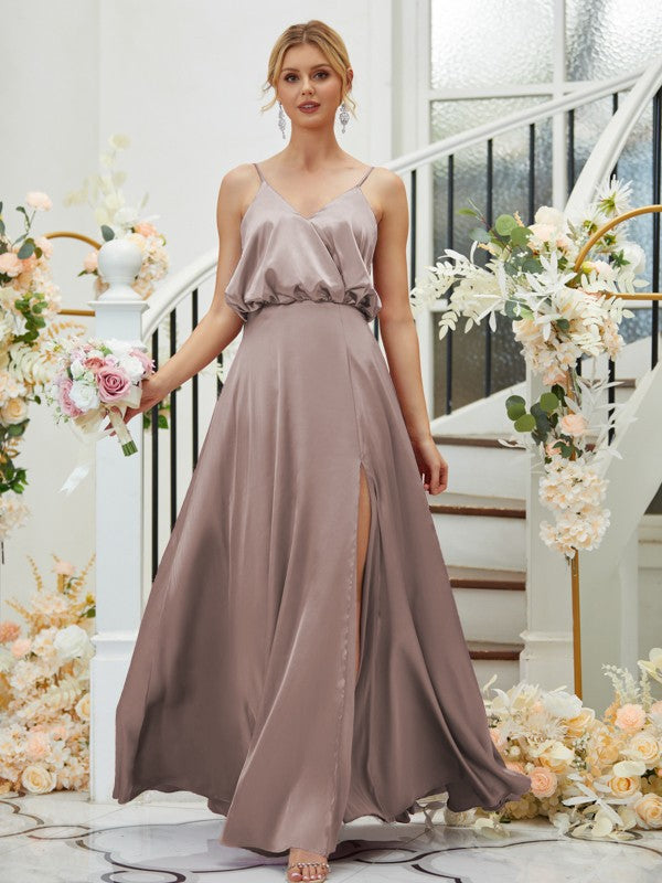 A-Line/Princess Silk like Satin Ruched V-neck Sleeveless Floor-Length Bridesmaid Dresses