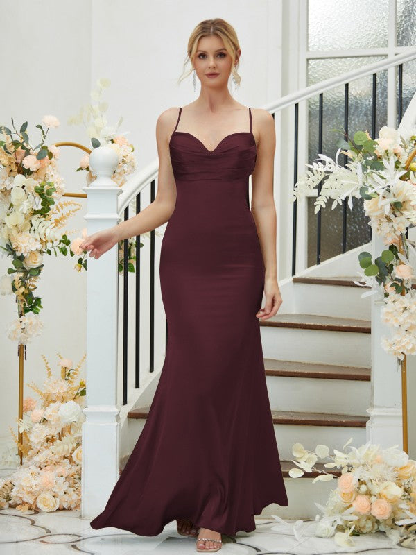 Sheath/Column Silk like Satin Ruched V-neck Sleeveless Floor-Length Bridesmaid Dresses