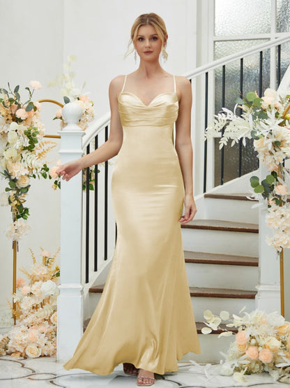 Sheath/Column Silk like Satin Ruched V-neck Sleeveless Floor-Length Bridesmaid Dresses